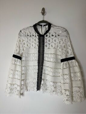 Chicwish White Lace Long-Sleeve Blouse with Black Trim Size Small New